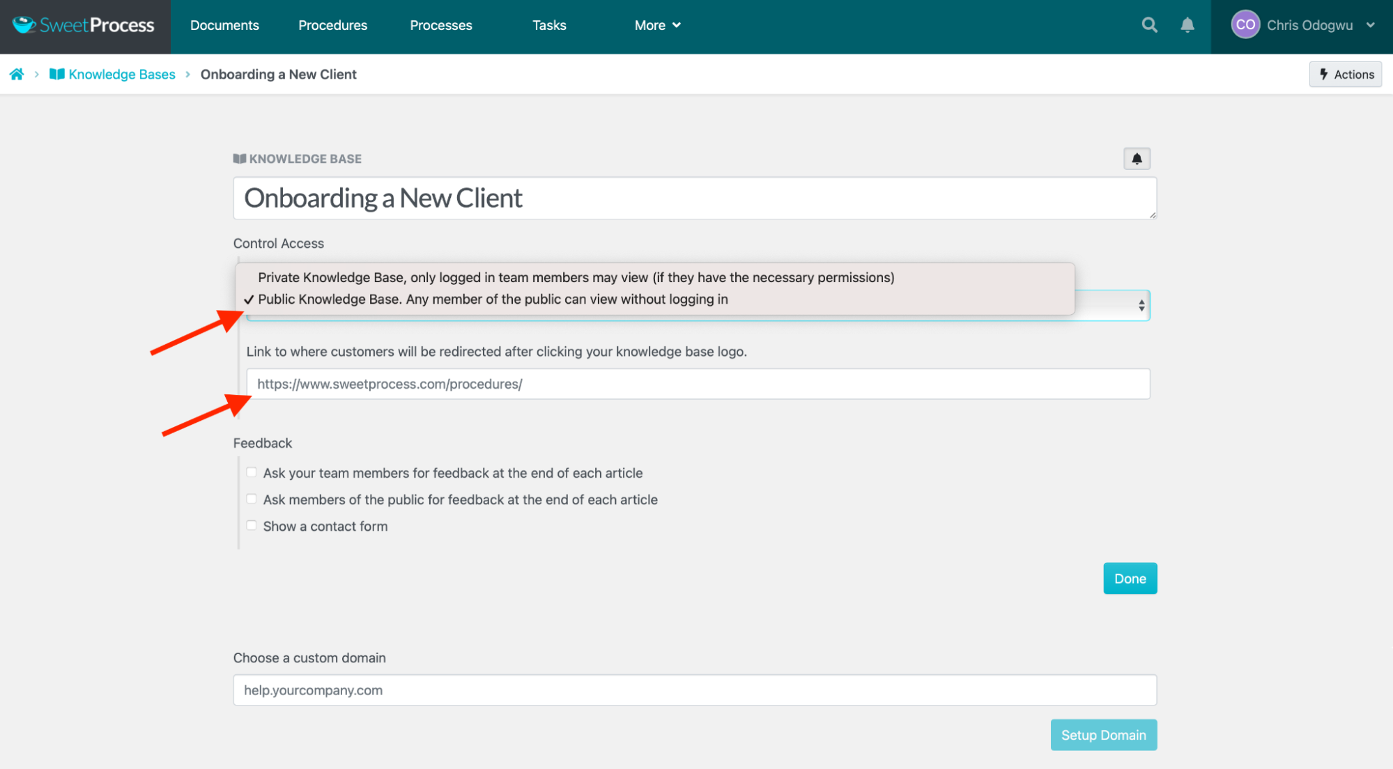 Enter the page URL to redirect customers who click the knowledge base title.
