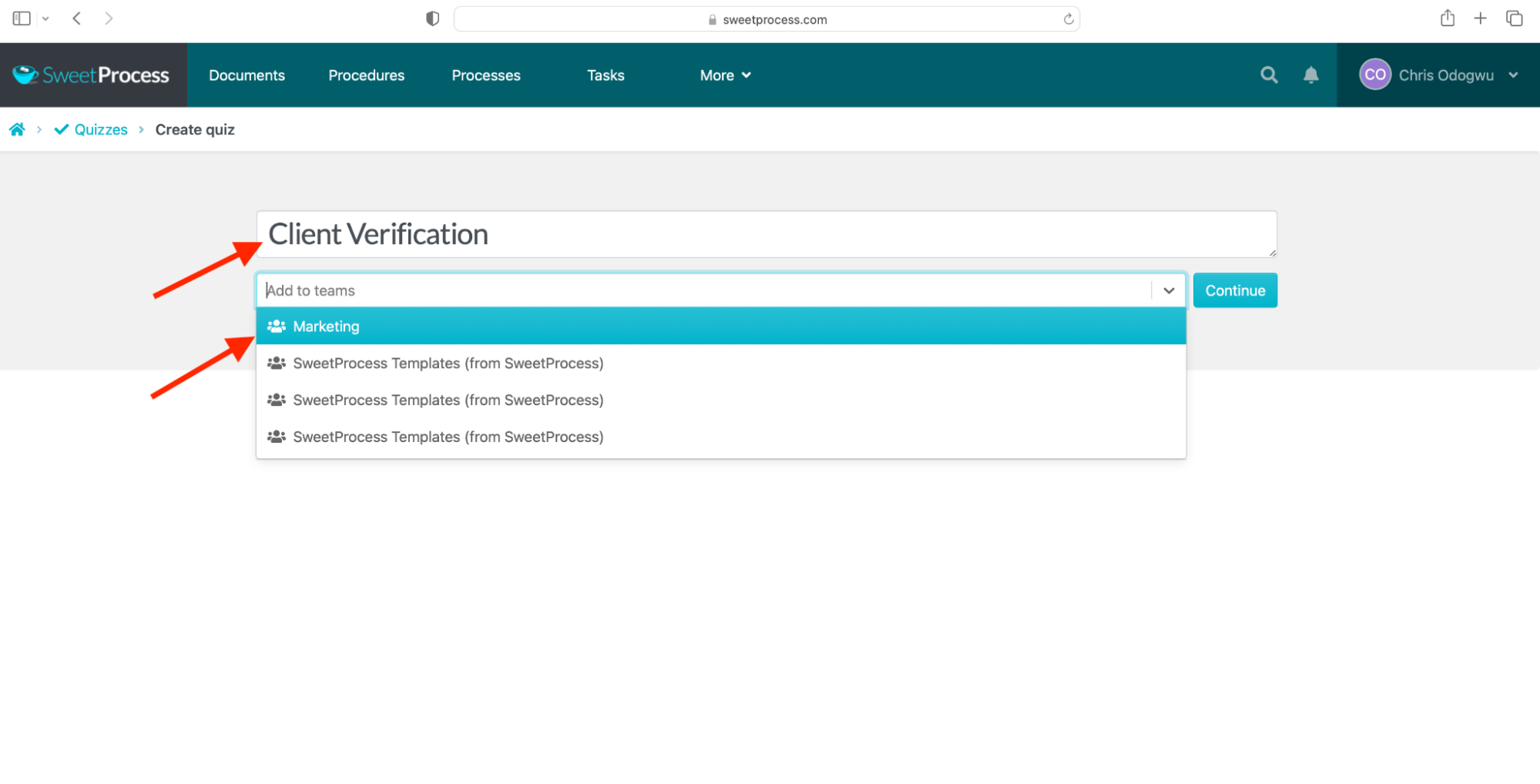 Enter the quiz title, select a team from the drop-down menu