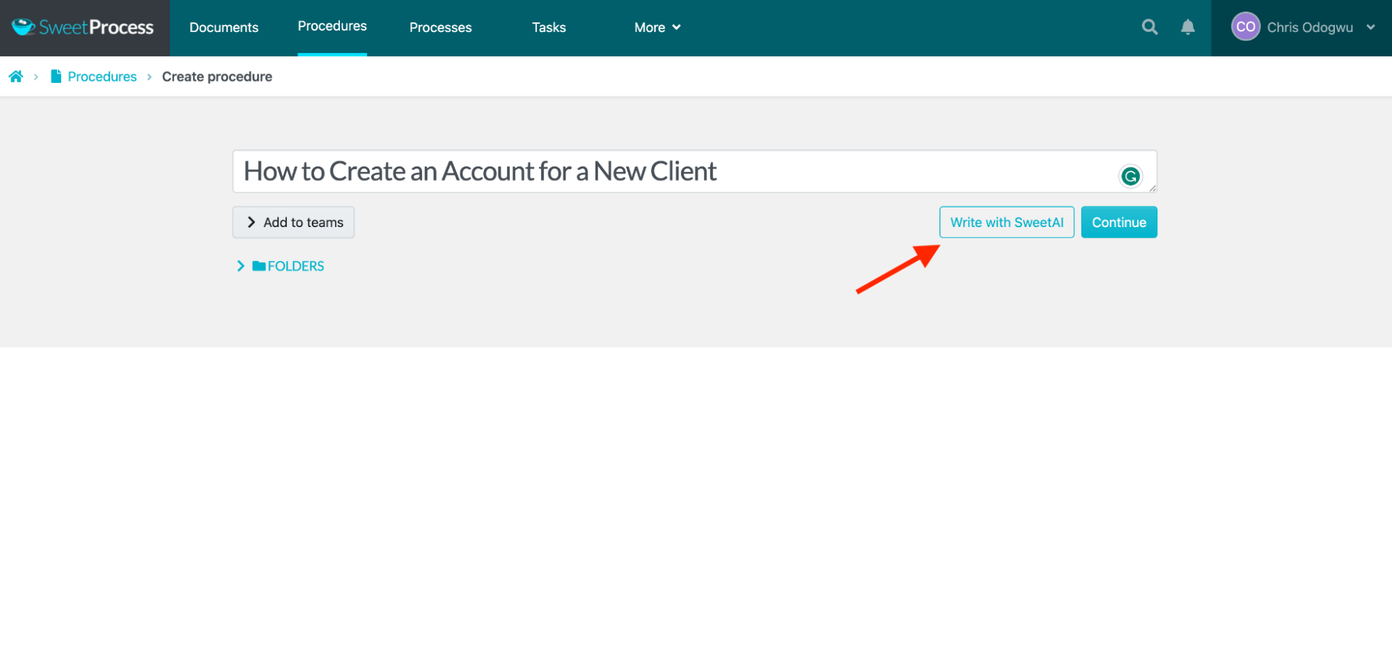Enter the procedure title and click “Write with SweetAI.”