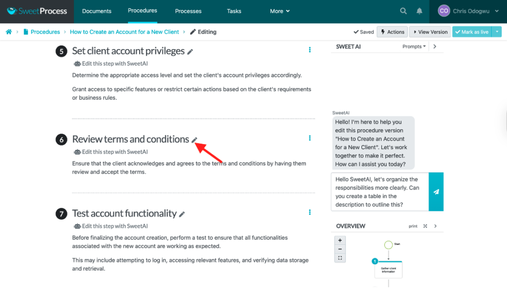 Step 3: Customize your SOPs (move steps, convert to an ending, and a decision) screenshot