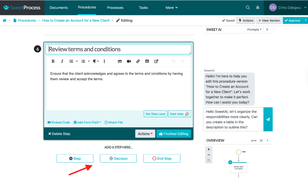 Step 3: Customize your SOPs (move steps, convert to an ending, and a decision) screenshot
