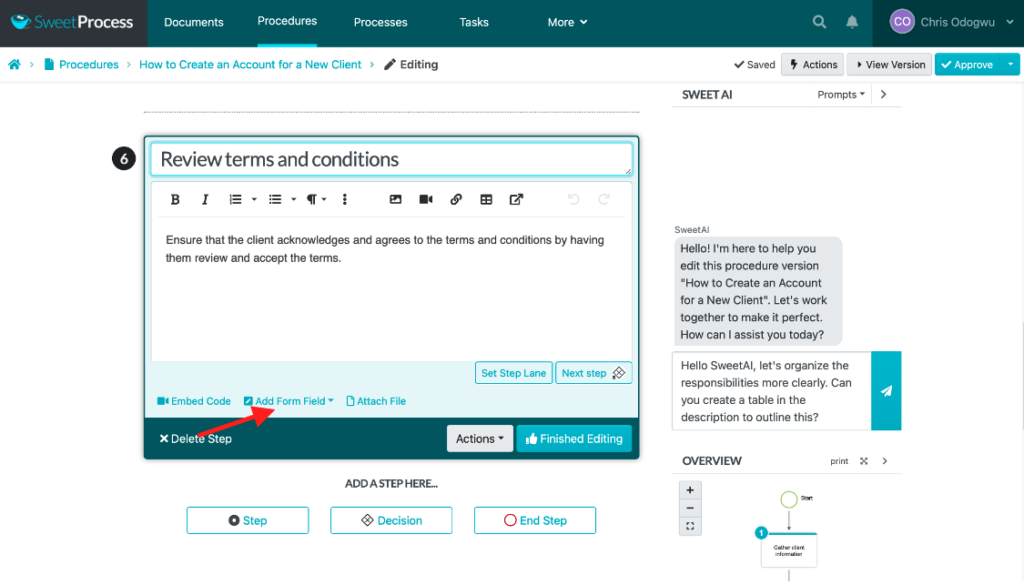 Step 3: Customize your SOPs (move steps, convert to an ending, and a decision) screenshot