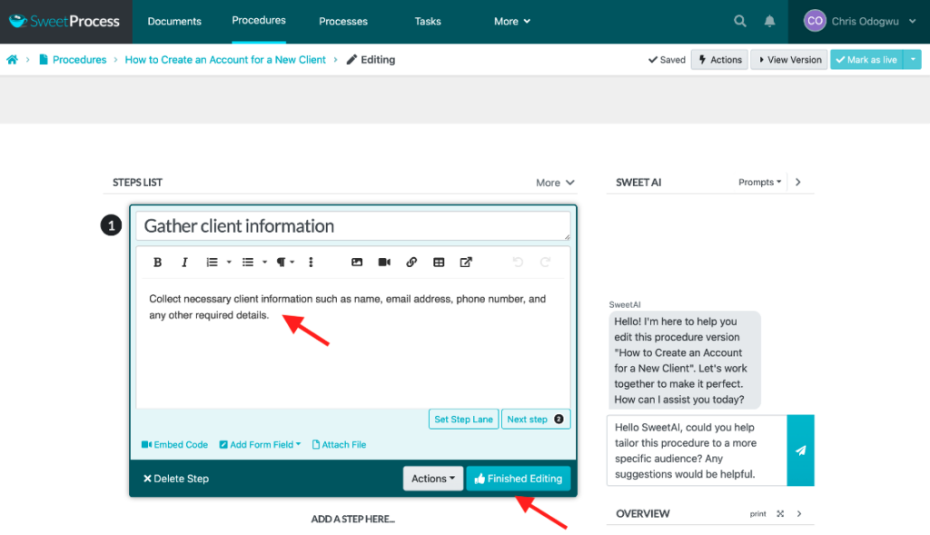 Step 2: Review and edit your SOPs (editing steps with SweetAI, comprehensive procedure description, etc.) screenshot