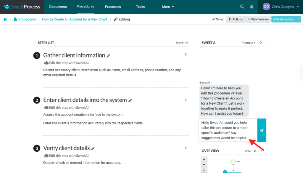 Step 2: Review and edit your SOPs (editing steps with SweetAI, comprehensive procedure description, etc.) screenshot