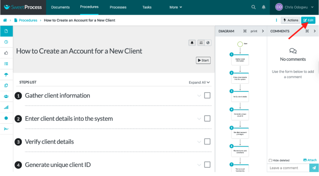Step 2: Review and edit your SOPs (editing steps with SweetAI, comprehensive procedure description, etc.) screenshot