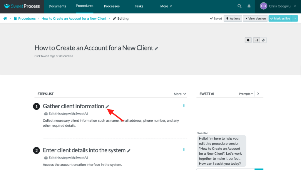 Step 2: Review and edit your SOPs (editing steps with SweetAI, comprehensive procedure description, etc.) screenshot