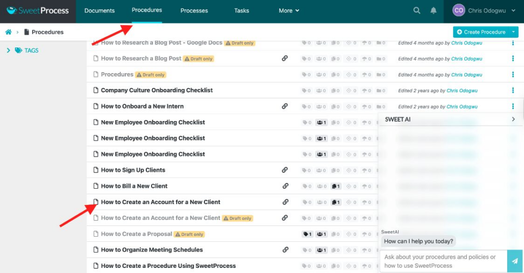 Step 2: Review and edit your SOPs (editing steps with SweetAI, comprehensive procedure description, etc.) screenshot