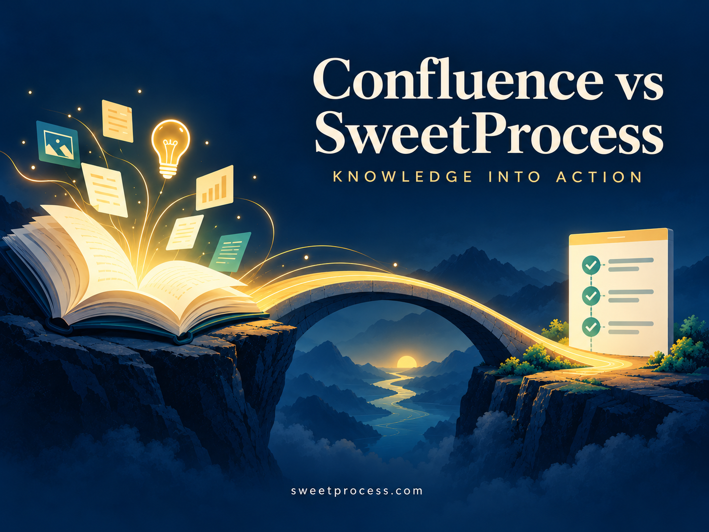 Confluence vs SweetProcess: an open knowledge book connected by a bridge to a procedure checklist.