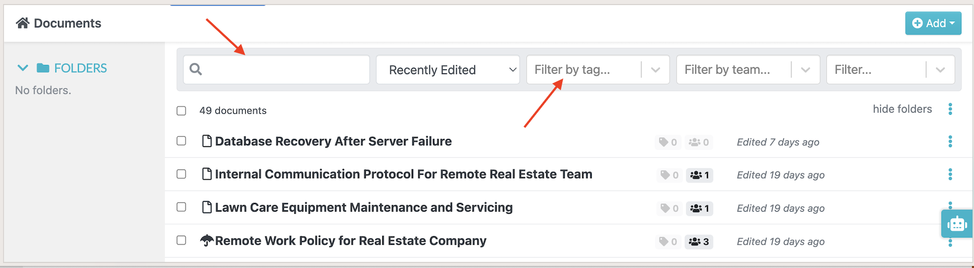 SweetProcess Documents library with search and filter controls