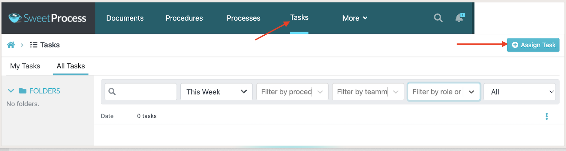 SweetProcess Tasks page and Assign Task button