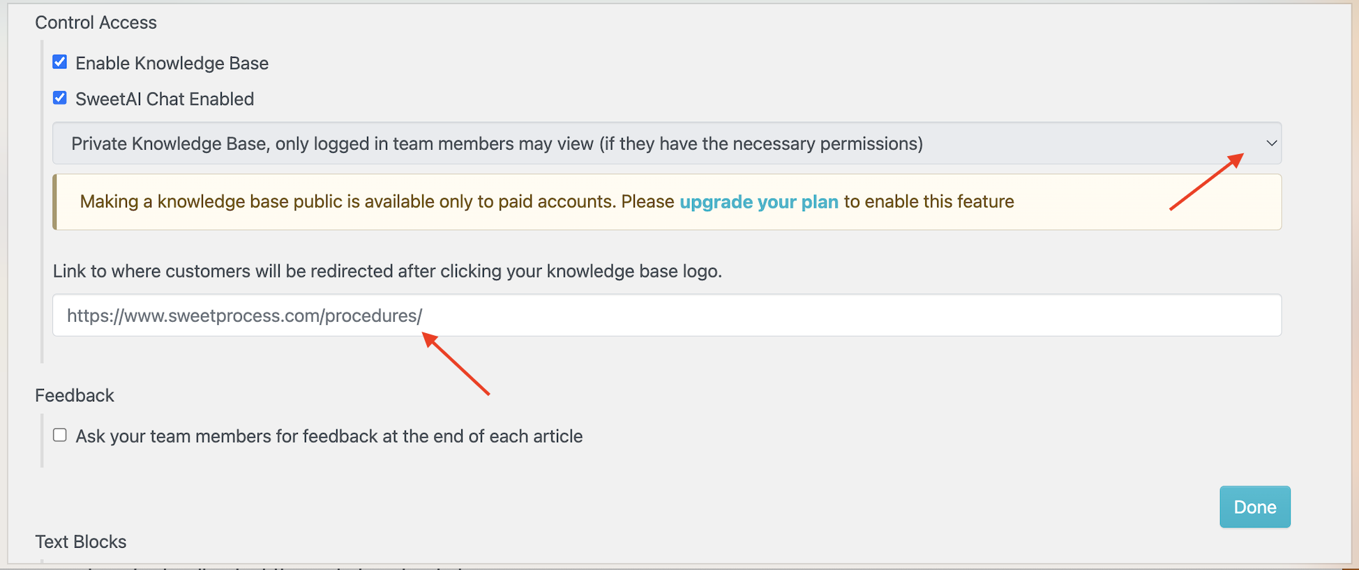 SweetProcess knowledge base categories, URL, and access controls