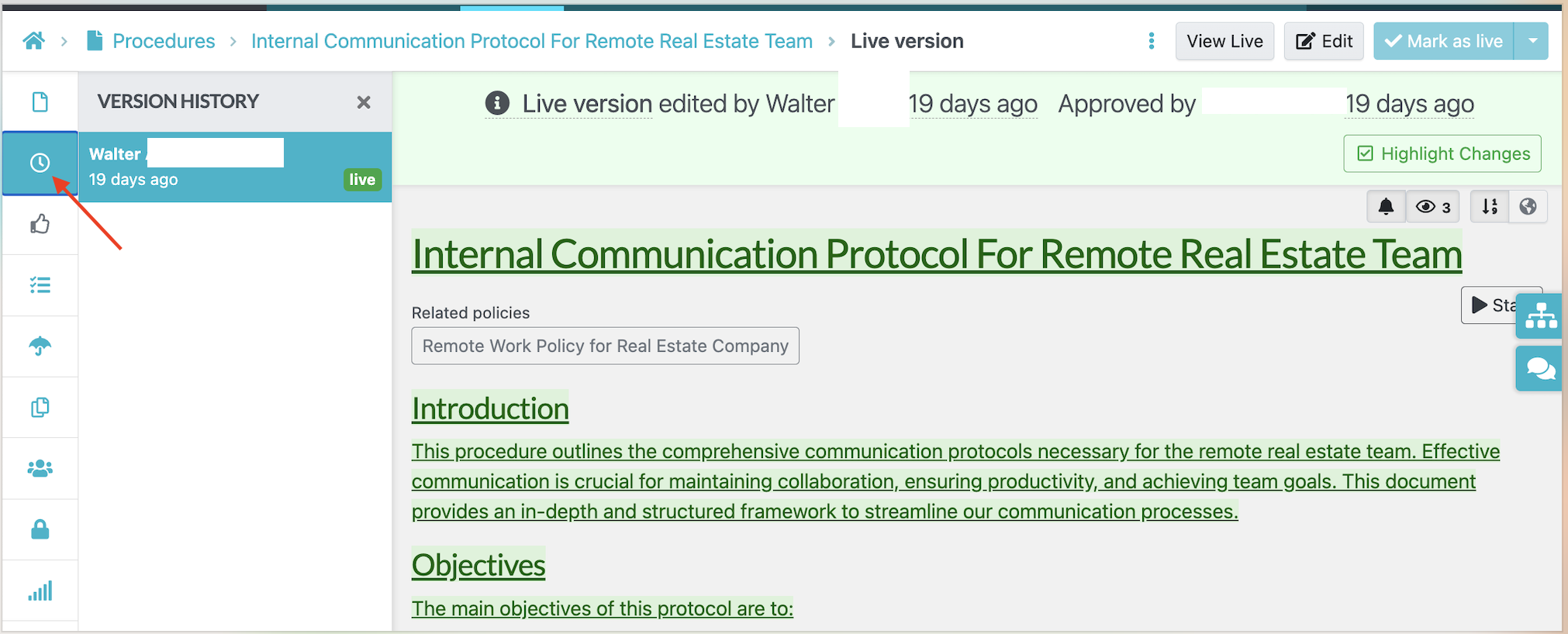 SweetProcess document with version history in the sidebar