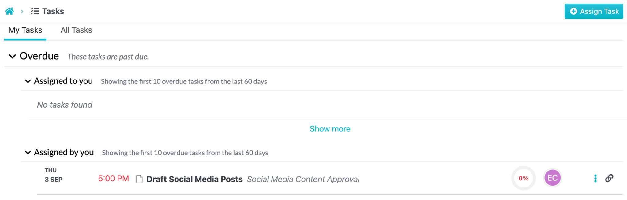 SweetProcess My Tasks view with overdue and assigned tasks
