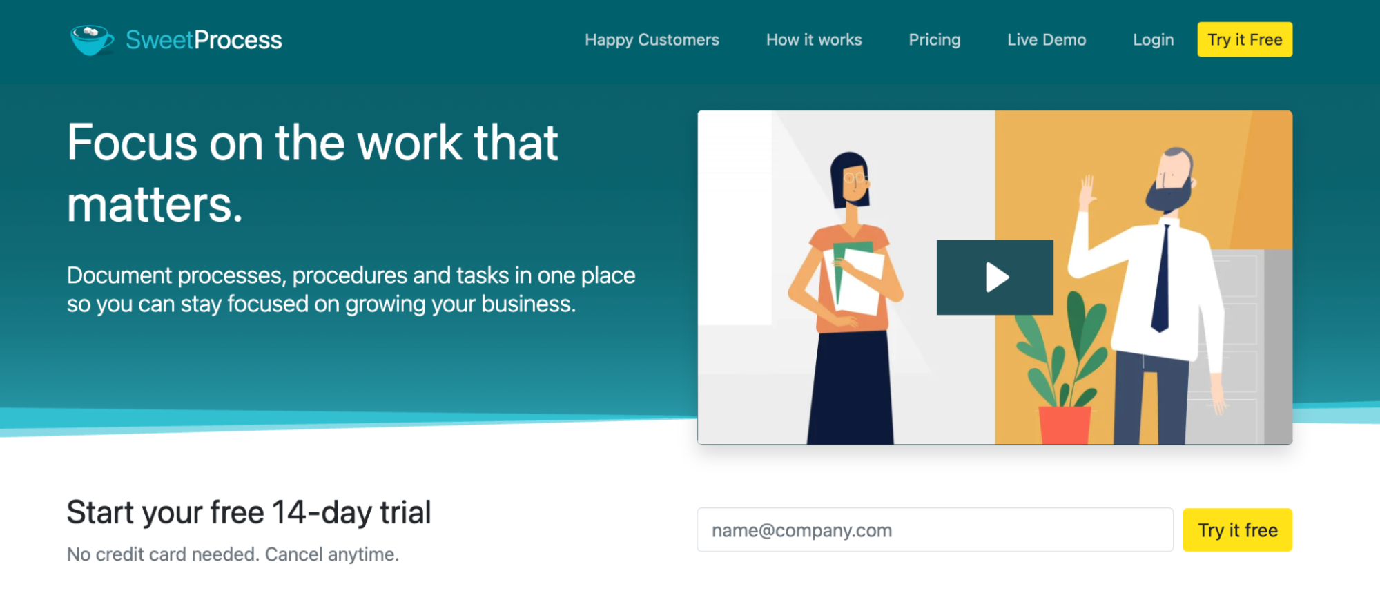 SweetProcess homepage and free-trial entry point.