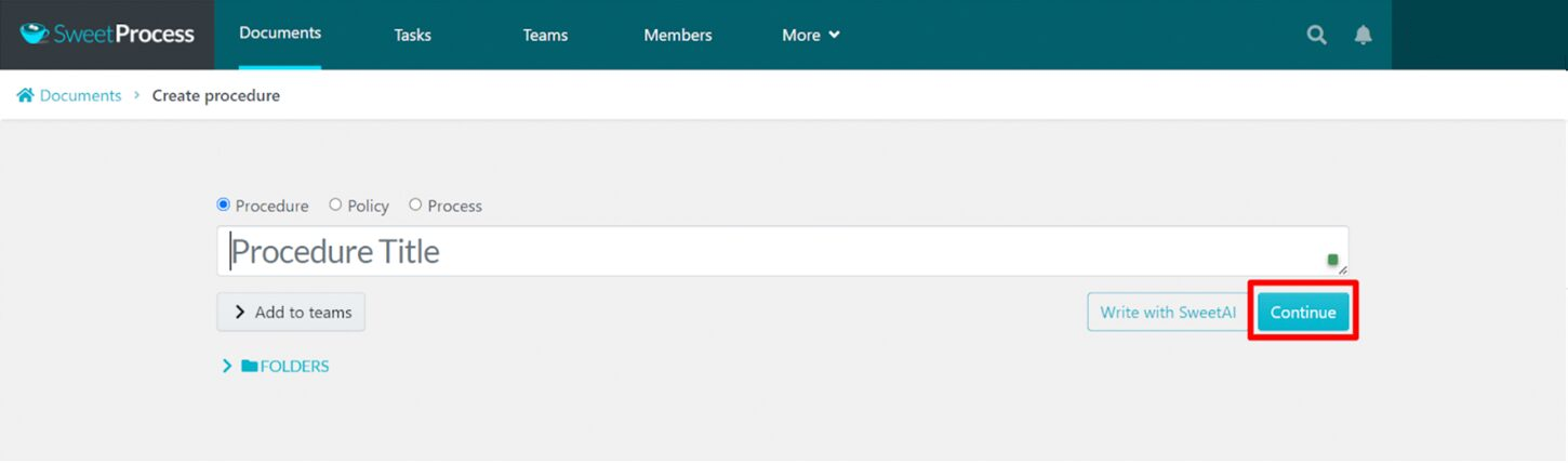 Procedure title field and Continue button.