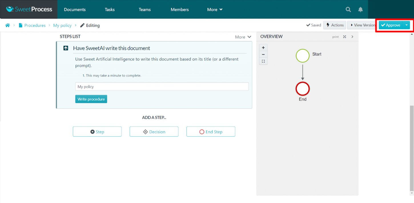 SweetProcess Procedure editor with the Approve button highlighted.