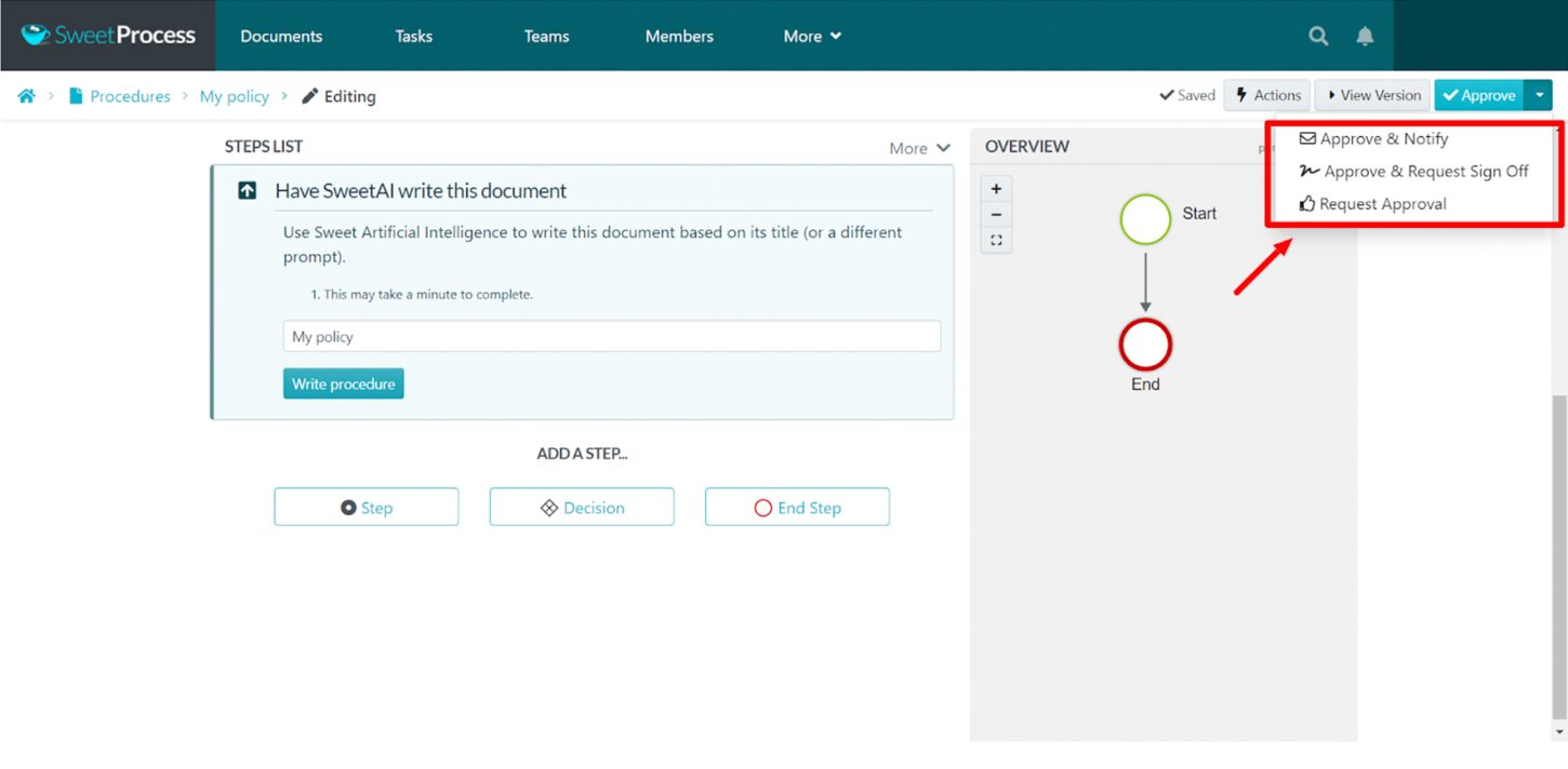 Procedure approval menu with notification and sign-off options.