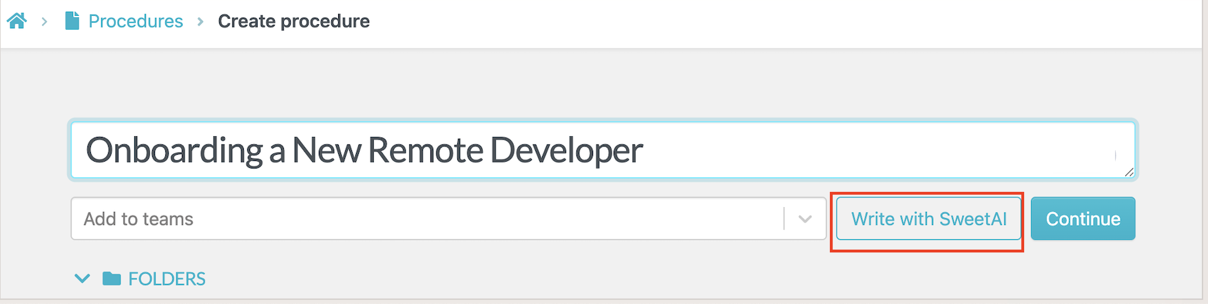 Procedure title field with Write with SweetAI highlighted.