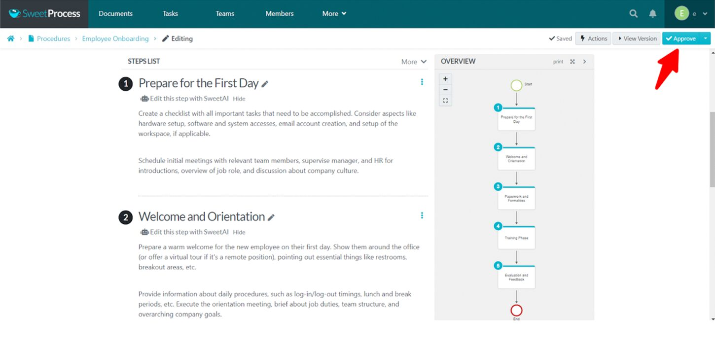 SweetAI-generated onboarding Procedure draft with the Approve button highlighted.