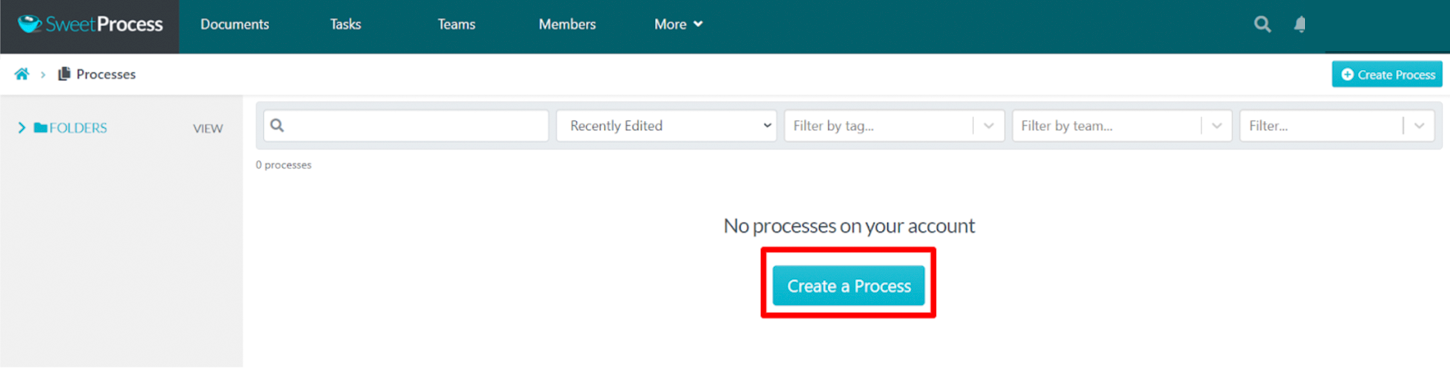 Processes library with Create a Process highlighted.