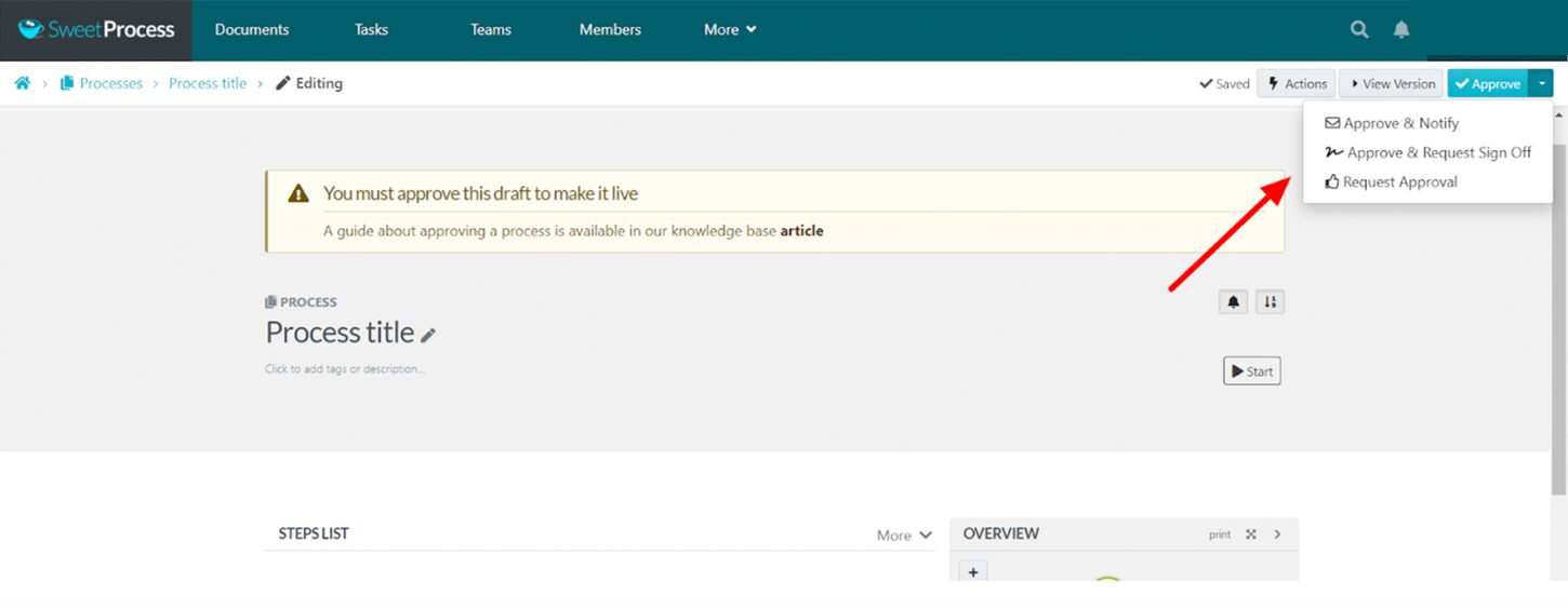 Process approval menu with notification and sign-off options.