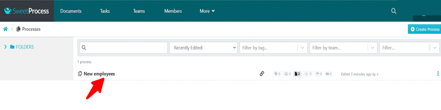 Processes library with an existing Process selected.