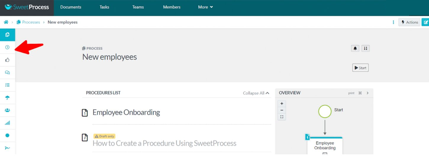 Process editor with the version-history clock highlighted.