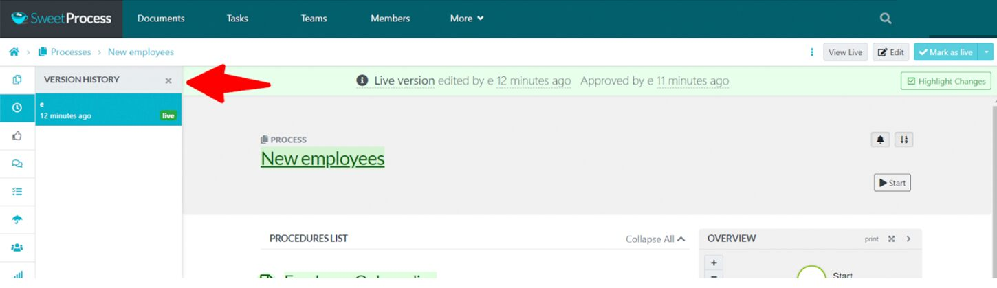 Process version-history sidebar.
