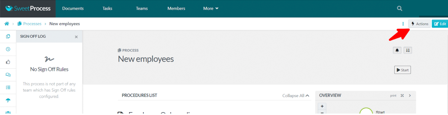 Process with the Actions menu highlighted.