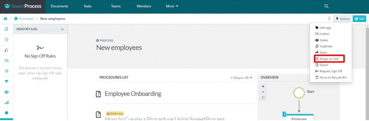 Process Actions menu with Assign as Task highlighted.
