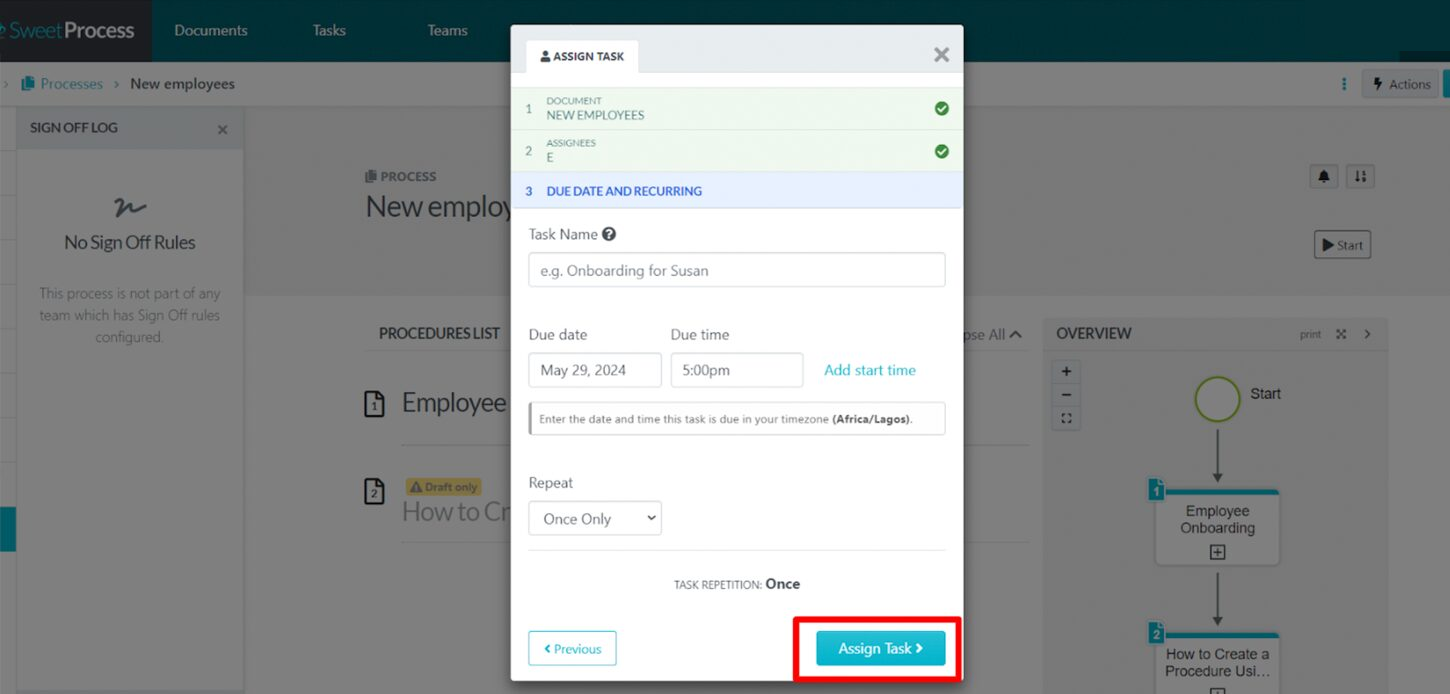 Assign Task dialog with assignee, deadline, and recurrence controls.