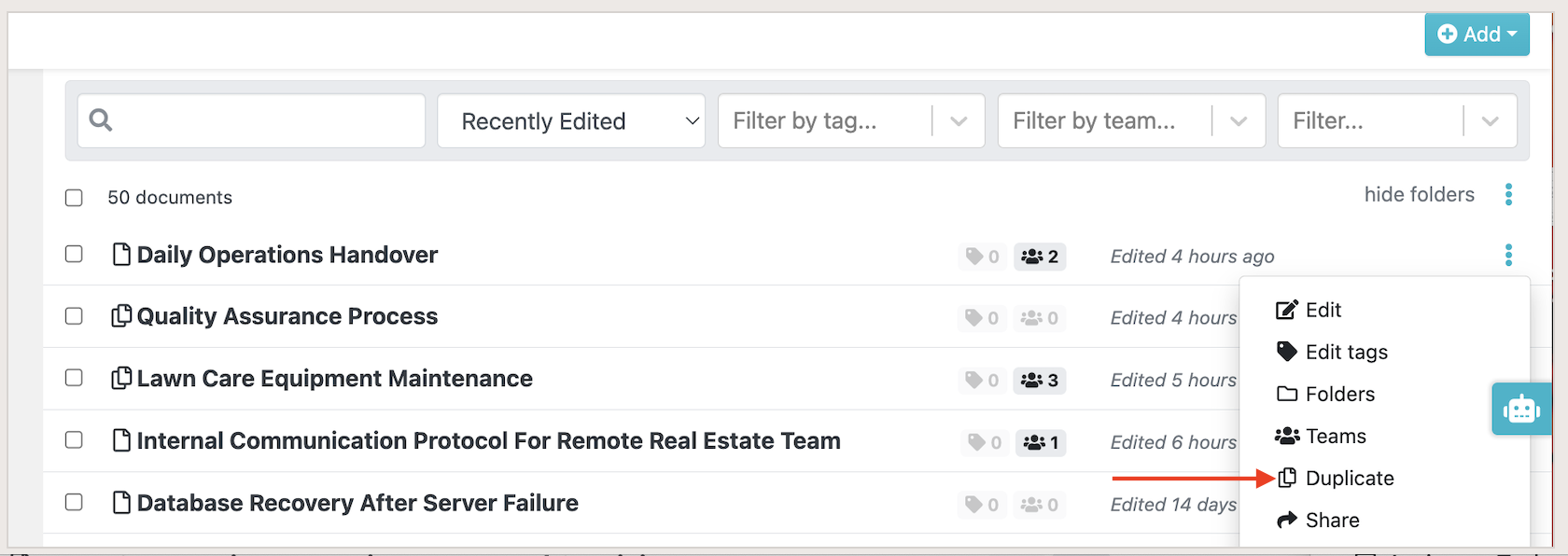 The Duplicate option in the SweetProcess document library.