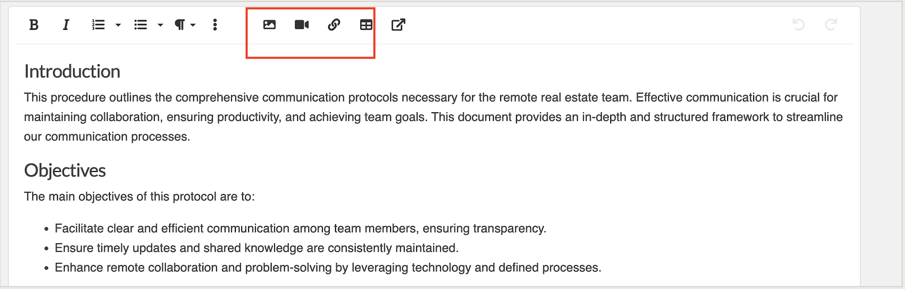 The rich-text editor supports images, video, links, and tables.