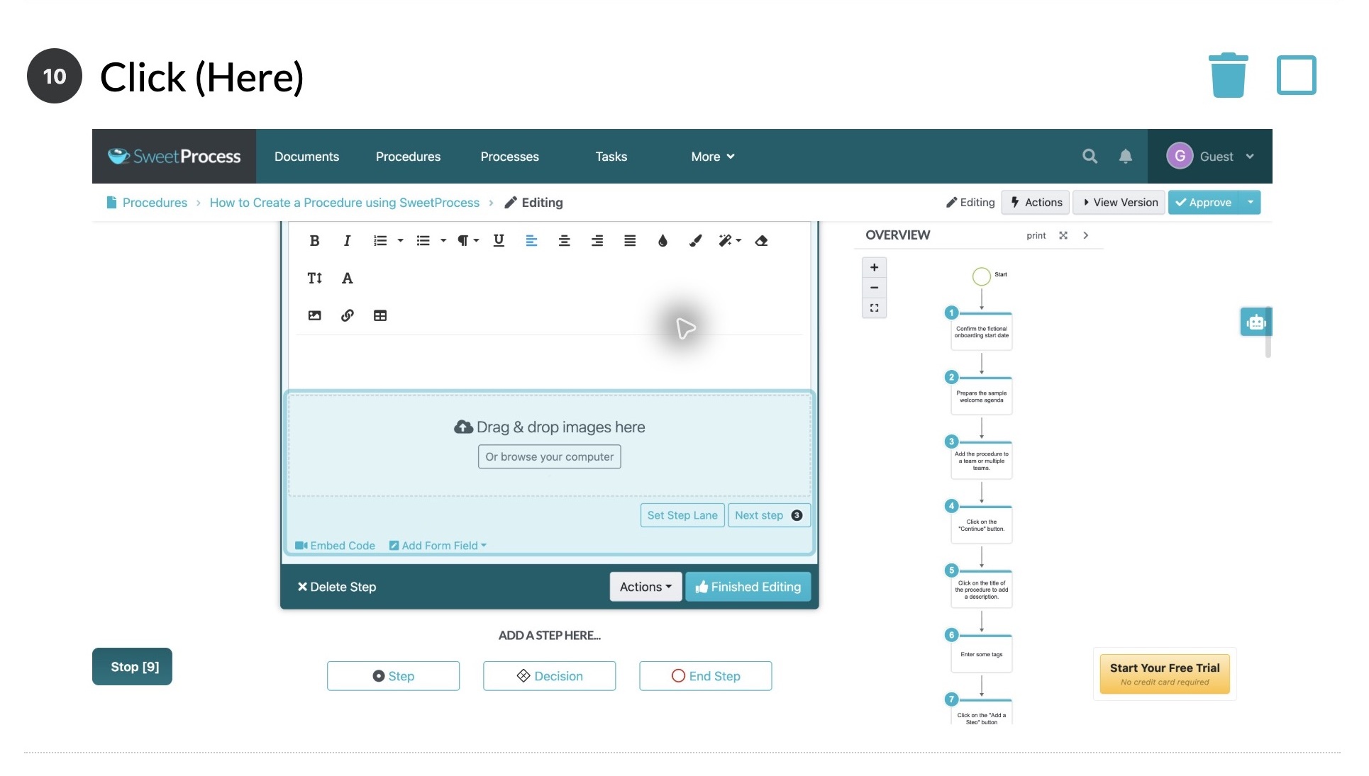 Step 10 of a sample welcome-checklist Procedure captured with the SweetProcess Chrome extension.