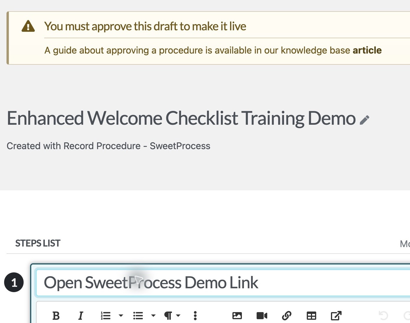 The saved recording opened as an editable SweetProcess Procedure draft.
