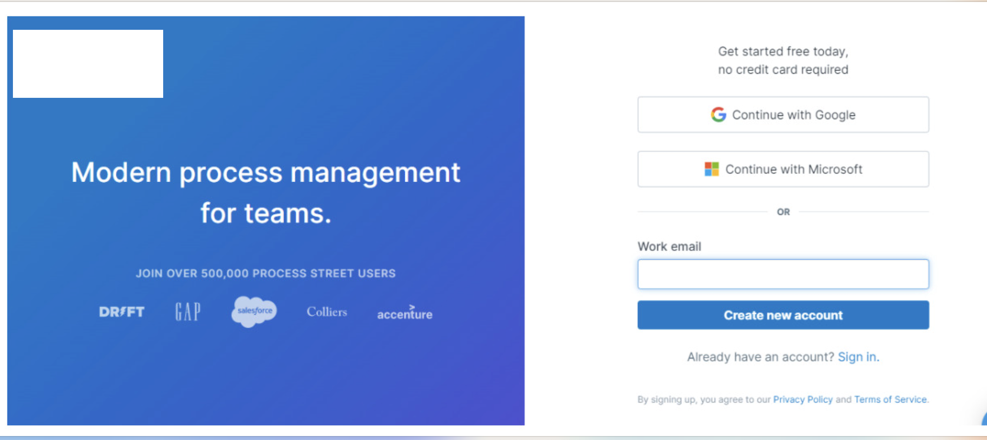 Process Street’s account-creation screen.