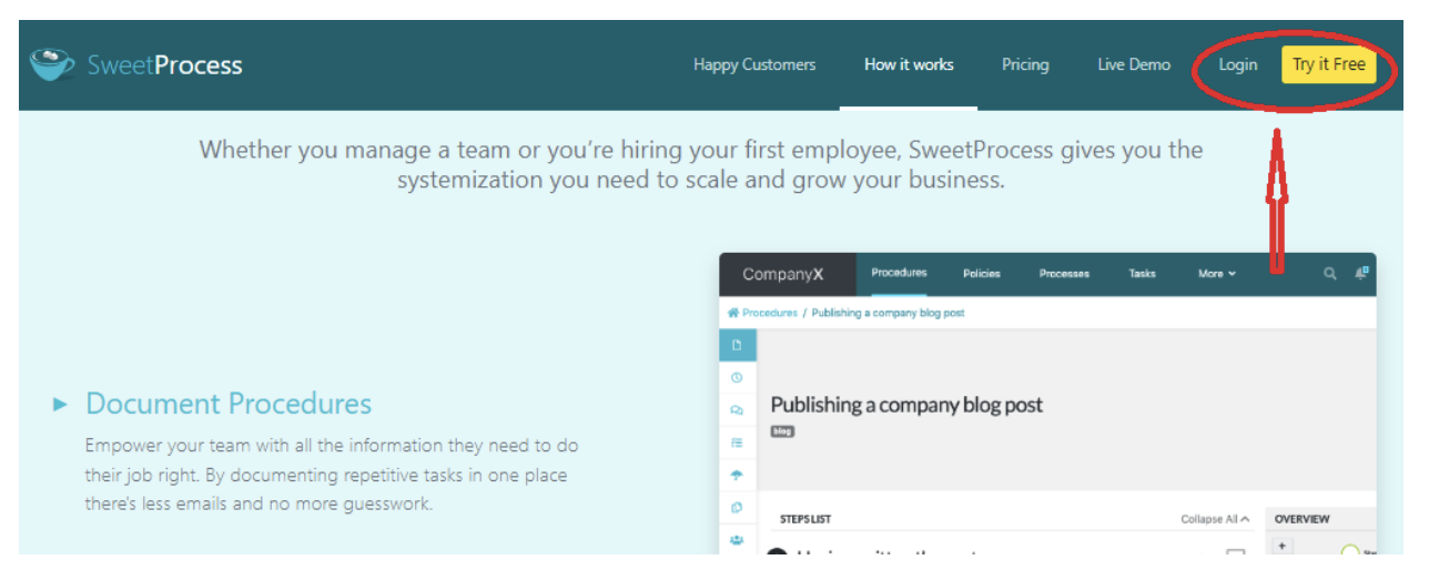 SweetProcess free-trial sign-up.