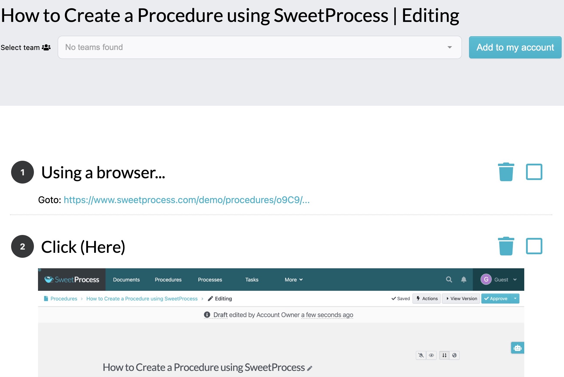 Capture preview for a sample welcome-checklist task, with the Add to my account button above the recorded Procedure steps.