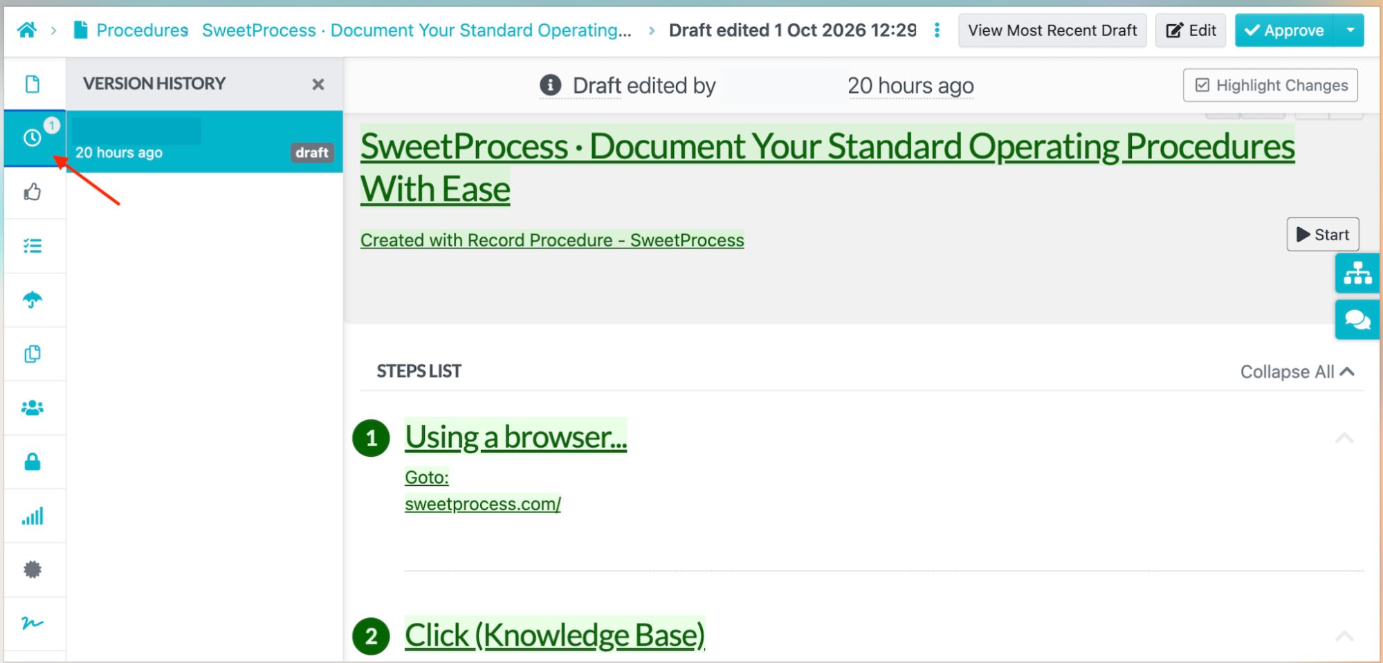 Version history panel showing changes to a SweetProcess Procedure.