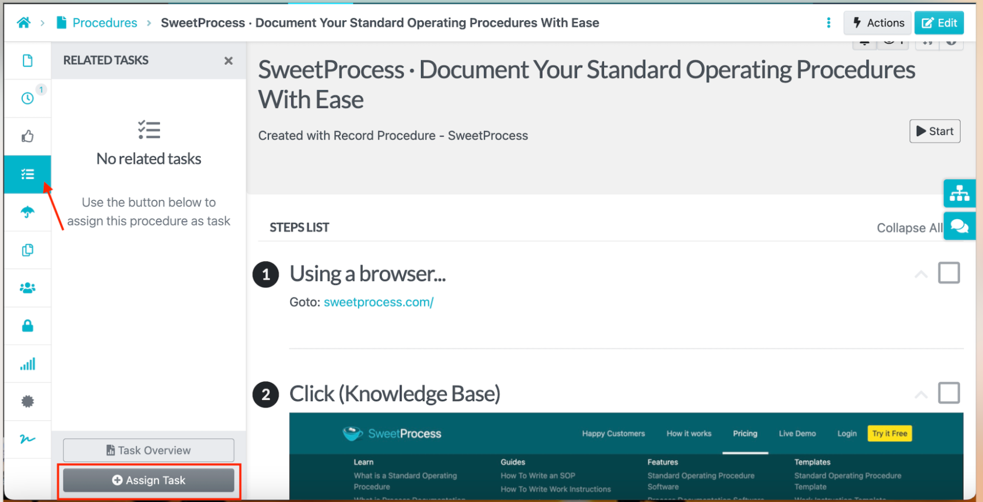 Assign Task button for a captured SweetProcess Procedure.