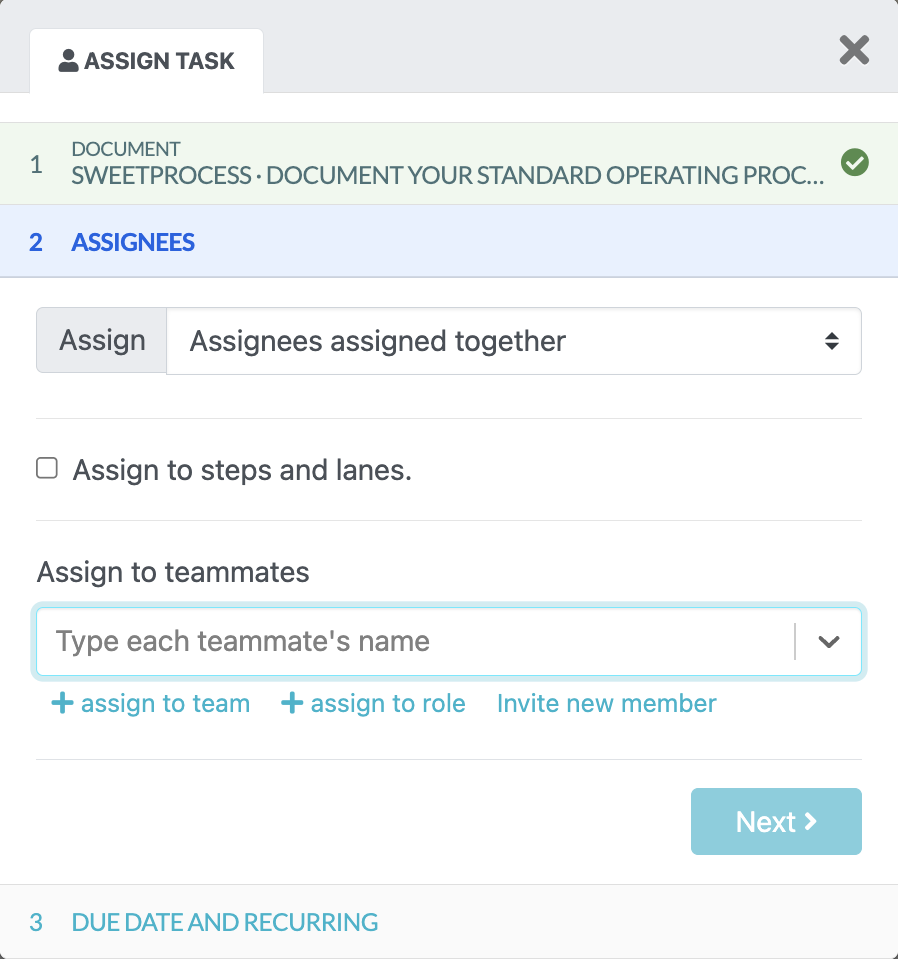 SweetProcess task assignment dialog with teammate, team, and role options.